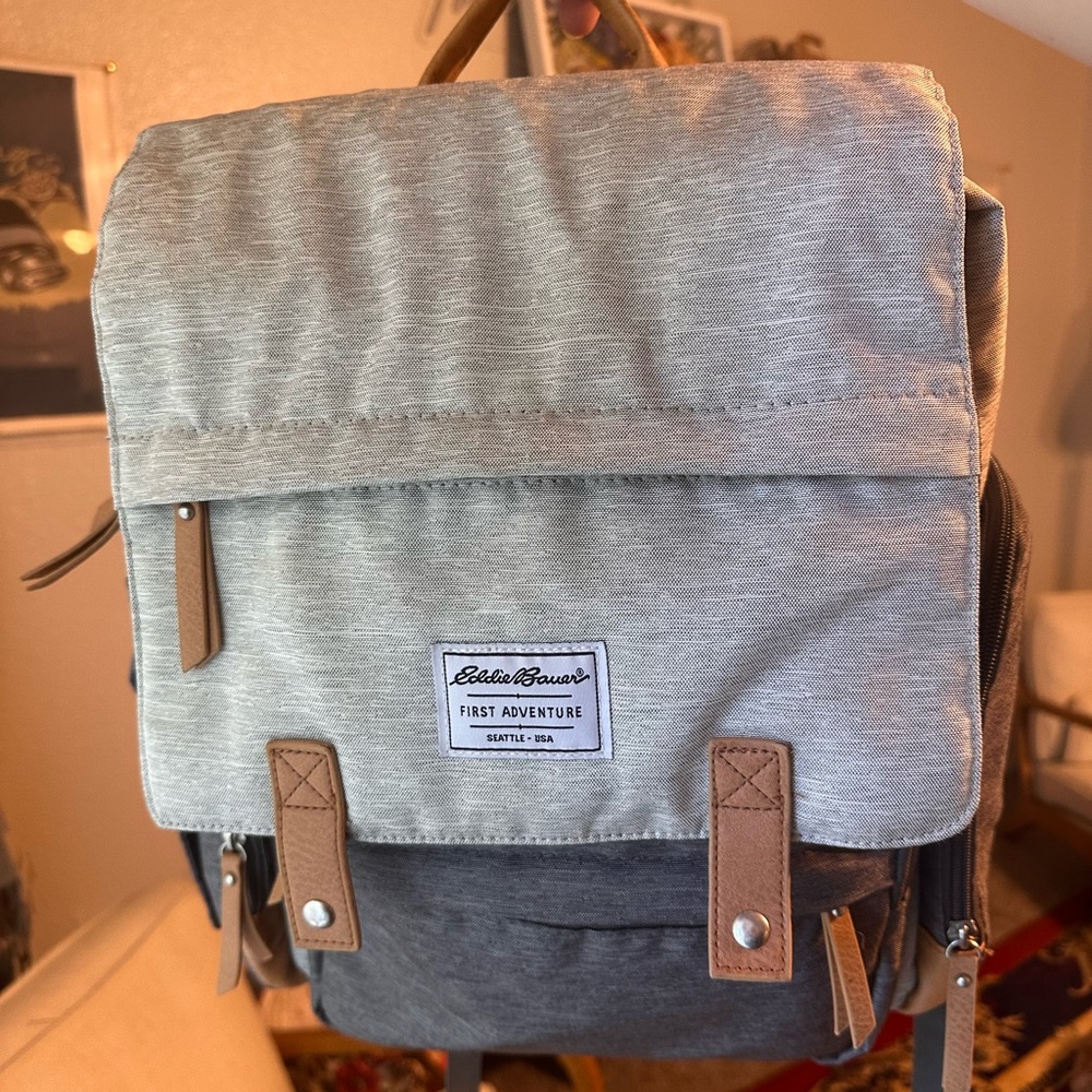 Eddie Bauer Gray and Tan Diaper Bag Backpack with Leather Accents